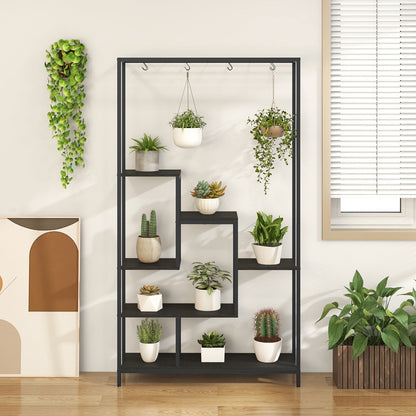 6-tier Tall Plant Stand with 10 Hanging Hooks and Wire Shelf for Multiple Plants-Black