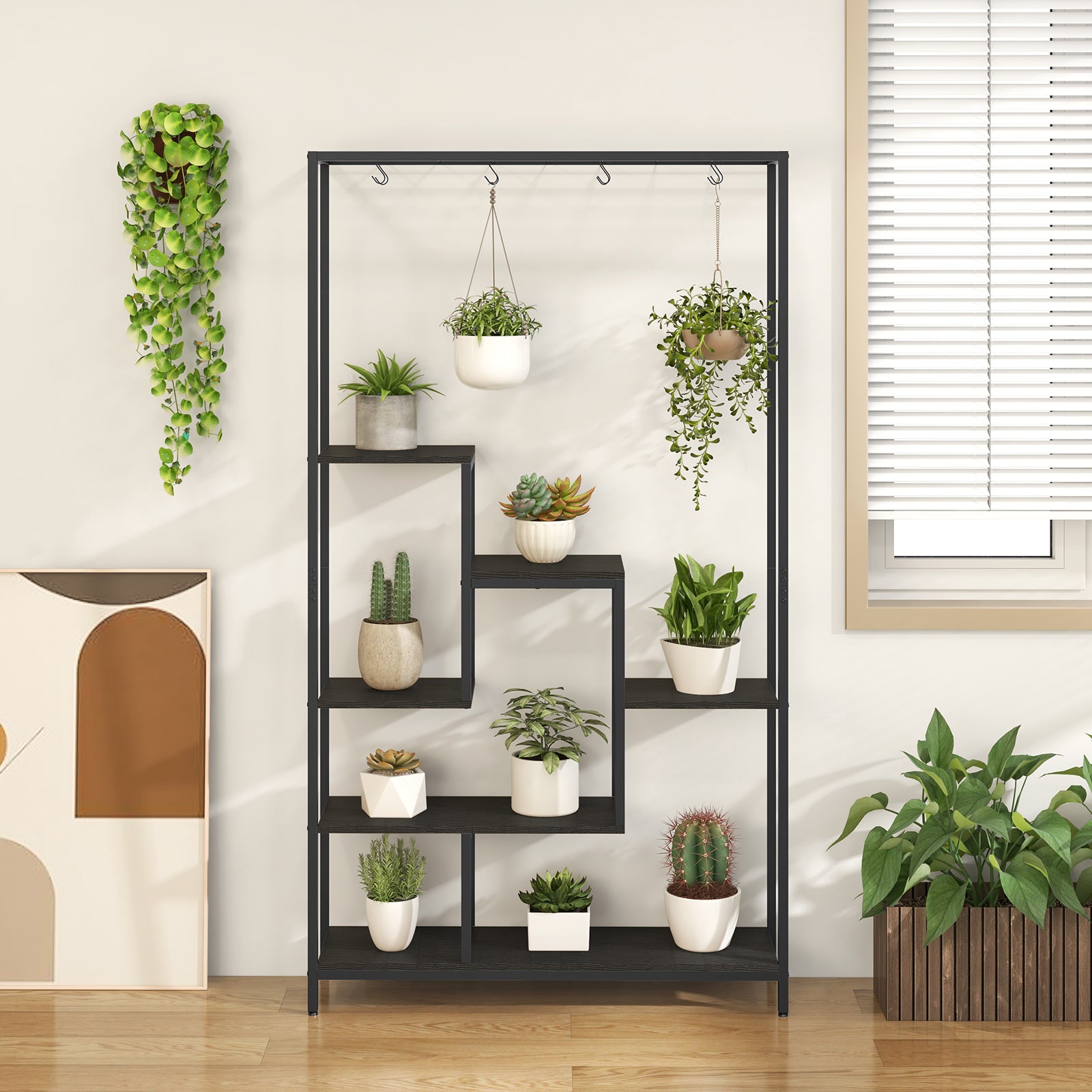 6-tier Tall Plant Stand with 10 Hanging Hooks and Wire Shelf for Multiple Plants-Black