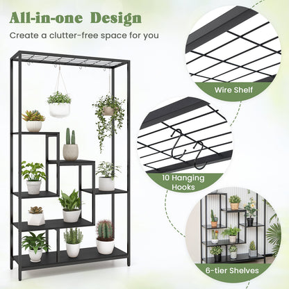 6-tier Tall Plant Stand with 10 Hanging Hooks and Wire Shelf for Multiple Plants-Black