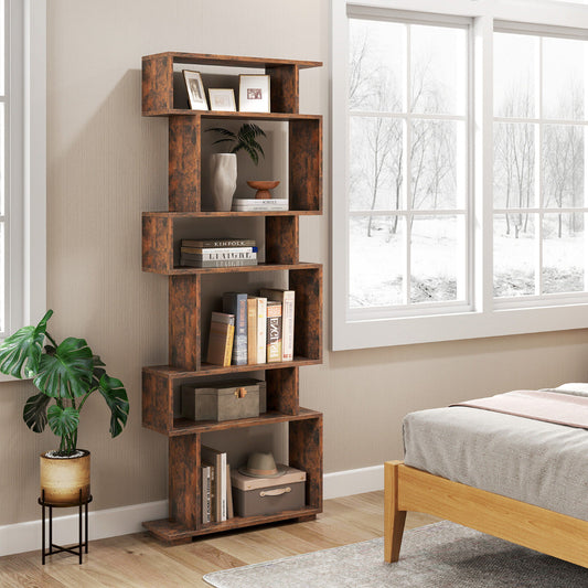 6-Tier Bookshelf with 2 Anti-Tipping Kits for Home Office-Rustic Brown