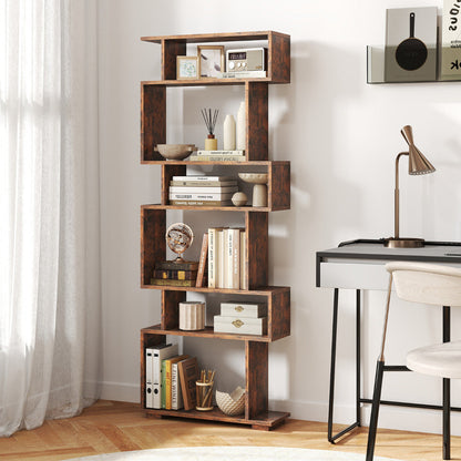 6-Tier Bookshelf with 2 Anti-Tipping Kits for Home Office-Rustic Brown