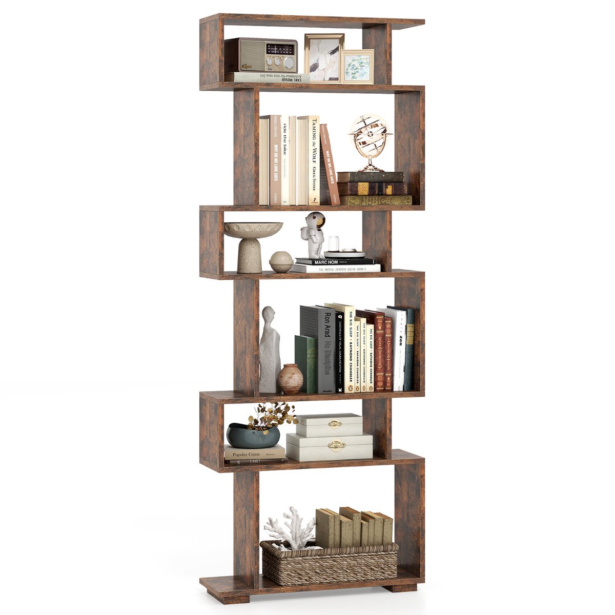 6-Tier Bookshelf with 2 Anti-Tipping Kits for Home Office-Rustic Brown