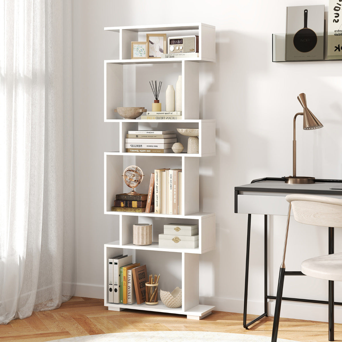 6-Tier Bookshelf with 2 Anti-Tipping Kits for Home Office-White