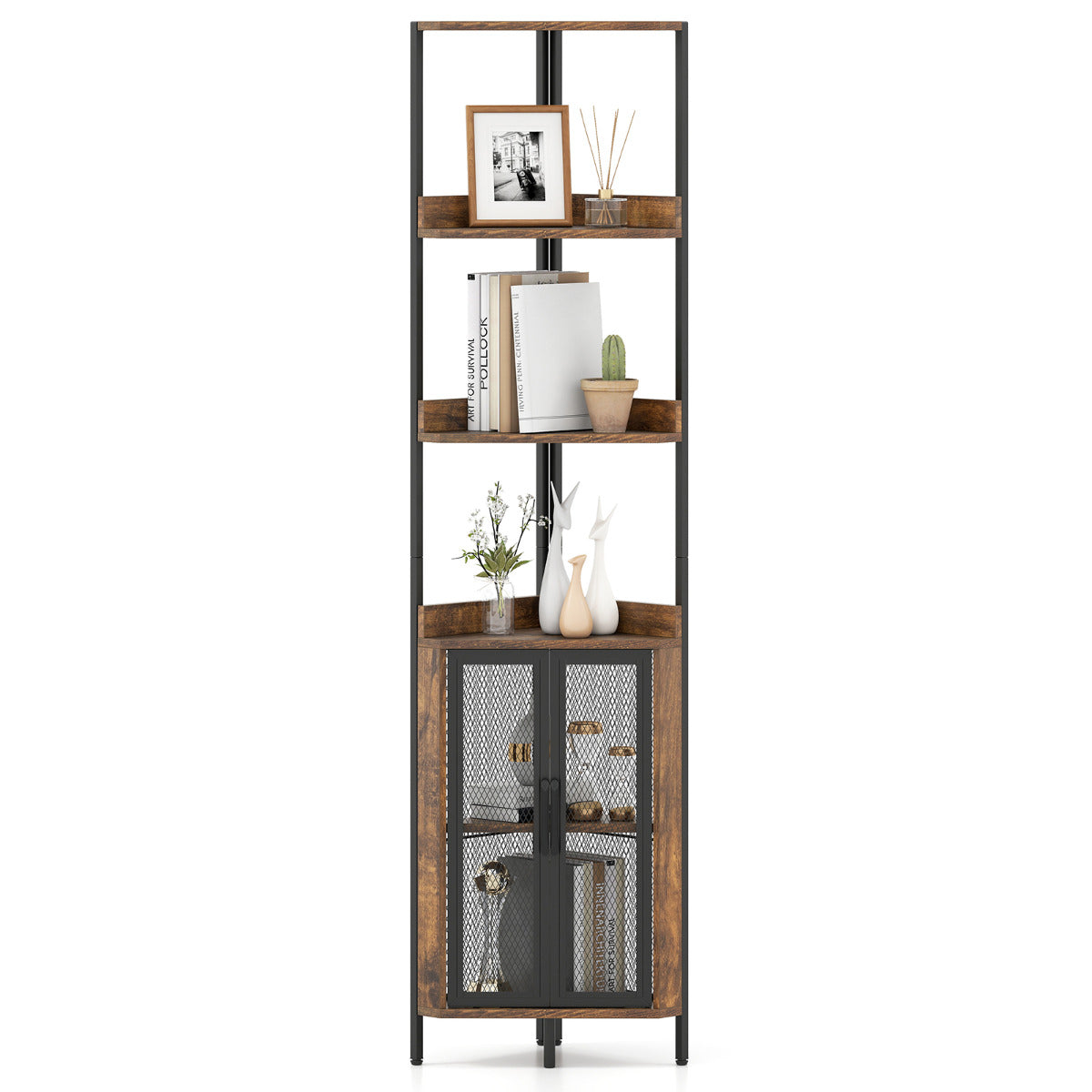 6-Tier Corner Shelf 170CM Tall Corner Bookshelf with Cabinet-Rustic Brown