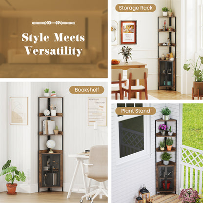 6-Tier Corner Shelf 170CM Tall Corner Bookshelf with Cabinet-Rustic Brown