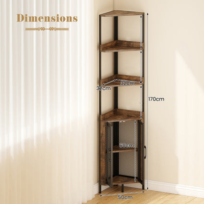 6-Tier Corner Shelf 170CM Tall Corner Bookshelf with Cabinet-Rustic Brown