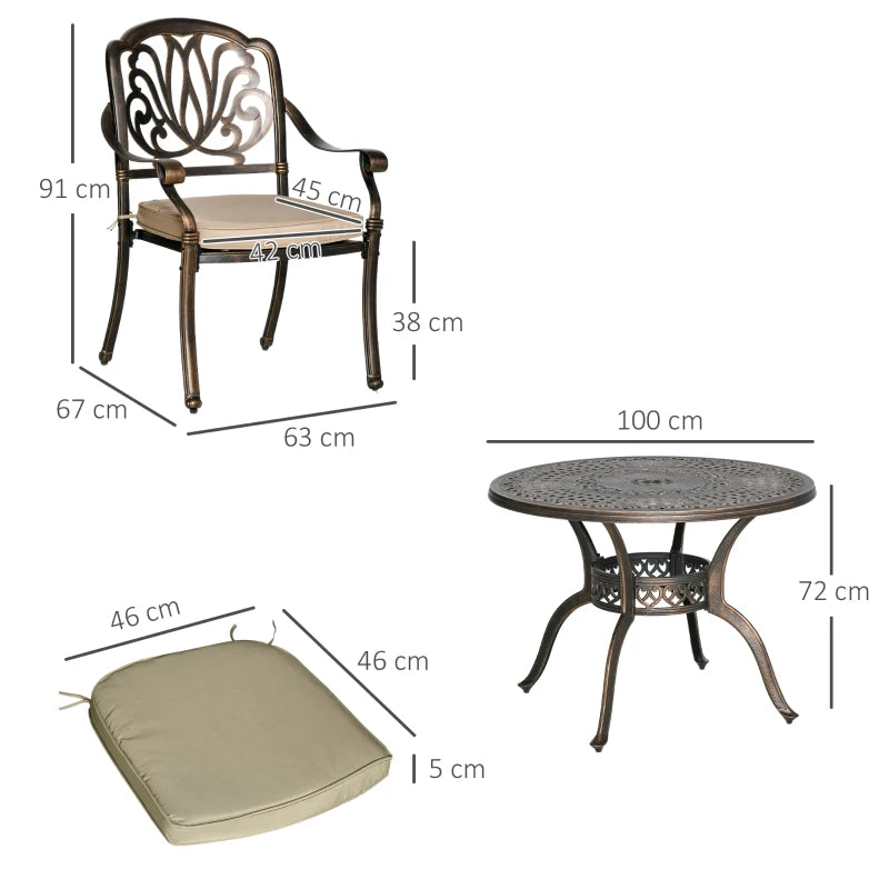 Outsunny 4 Seater Outdoor Dining Set Antique Cast Aluminium Garden Furniture Set with Cushions Round Dining Table with Parasol Hole, Bronze