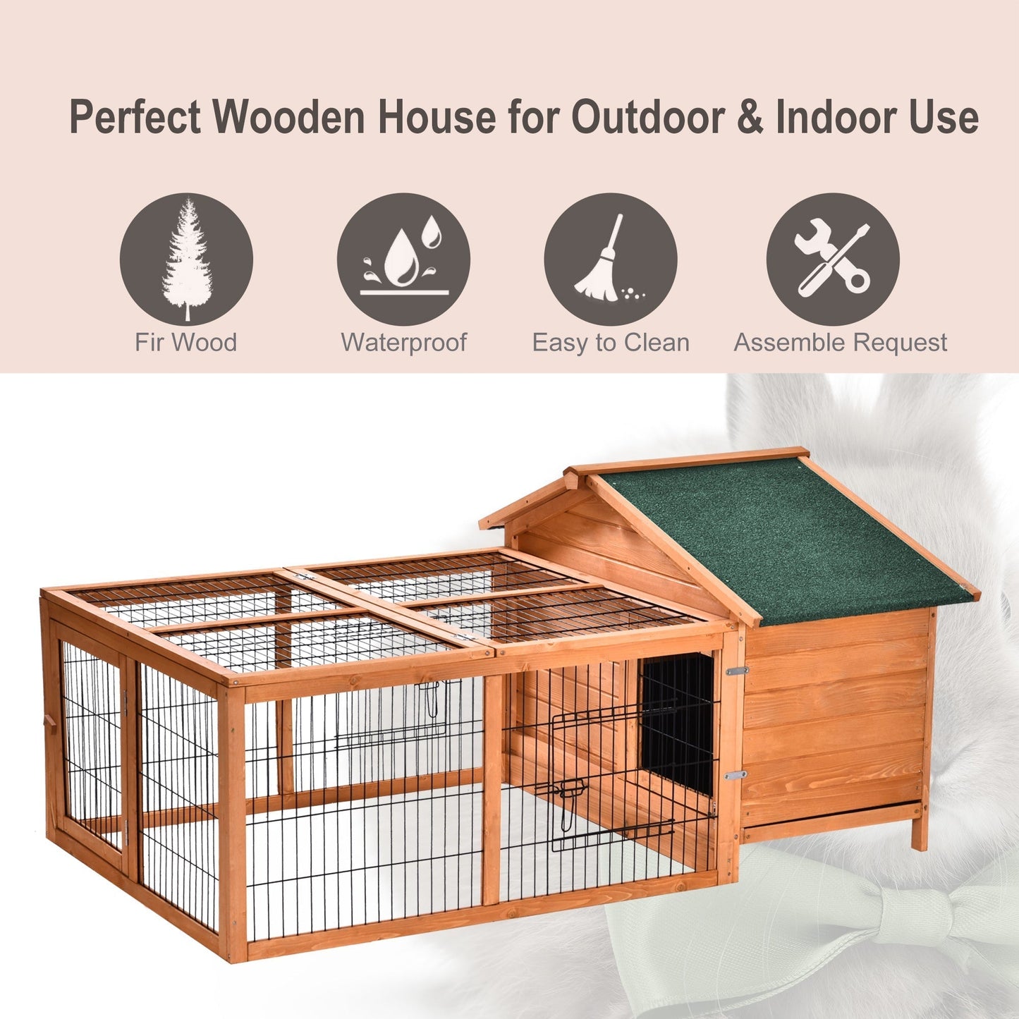 PawHut Wooden Guinea Pigs Hutches Detachable Rabbit Cage Pet House with Openable Run & Roof Slide-out Tray