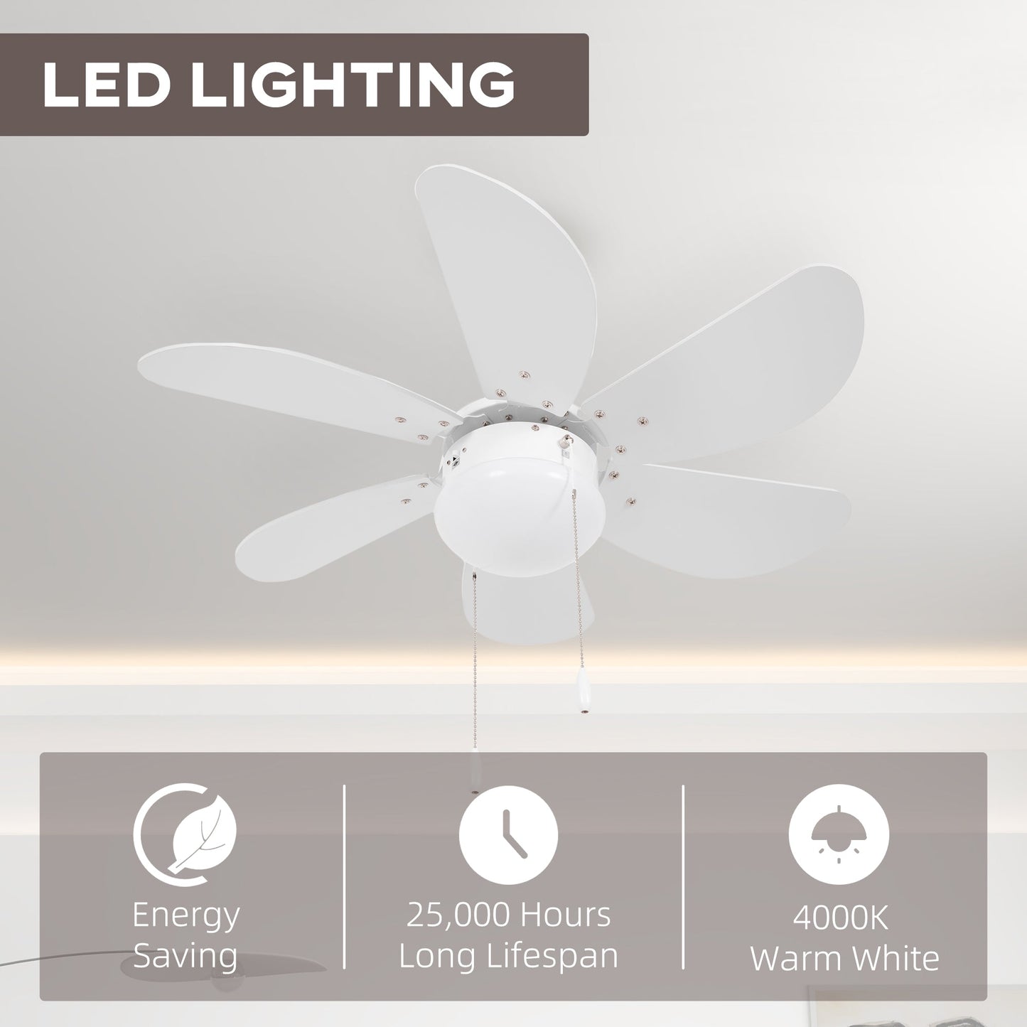مروحة سقف HOMCOM مع إضاءة LED، مصابيح مروحة سقف مثبتة على السطح مع 6 شفرات قابلة للعكس، مفتاح سلسلة سحب، أبيض