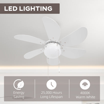 مروحة سقف HOMCOM مع إضاءة LED، مصابيح مروحة سقف مثبتة على السطح مع 6 شفرات قابلة للعكس، مفتاح سلسلة سحب، أبيض