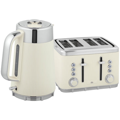 HOMCOM Electric Stainless Steel Kettle and Toaster Set, 3000W 1.7L UK Strix Thermostat Fast Boil Kettle w/ Limescale Filter, Cool Touch Body, 4 Slice Toaster with 7 Browning Levels, Crumb Tray, Cream