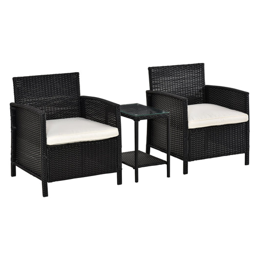 Outsunny Rattan Garden Furniture خارجي 3 قطع فناء بيسترو مجموعة جاك وجيل مقعد ويكر نسج حديقة شتوية كرسي أريكة مجموعة طاولة مع وسادة سوداء