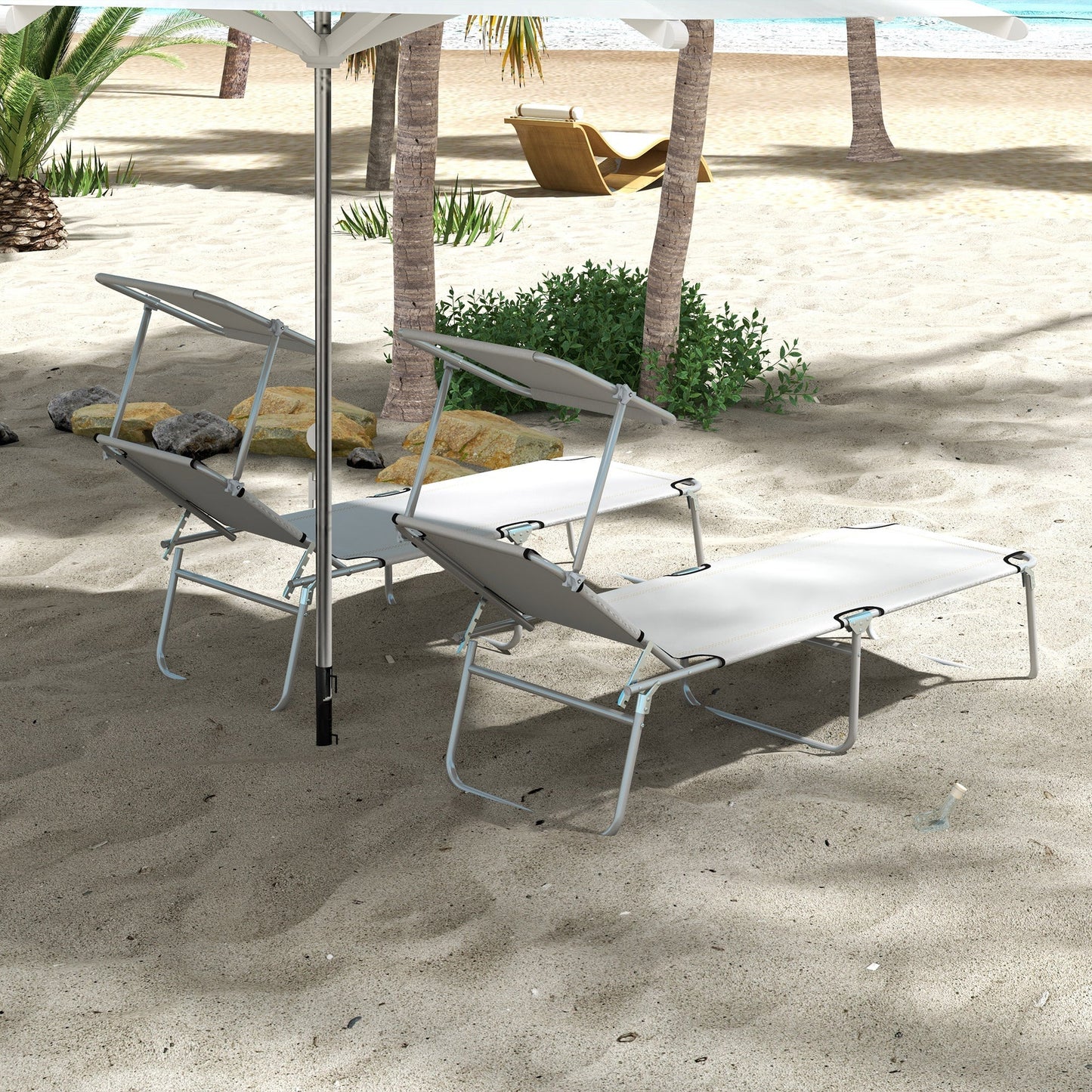 Outdoor Foldable Sun Lounger Set of 2 Reclining Chair With Angle Adjust Sun Shade Awning for Beach, Garden, Patio, Light Grey