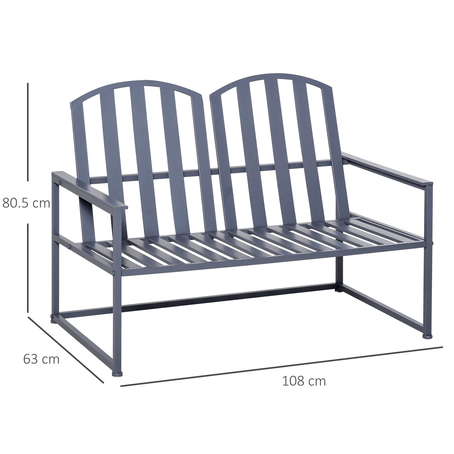 Outsunny Garden Bench Loveseat 2 Seat Chair for Outdoor Park, Yard, Steel Frame, Decorative Slatted Design, Grey