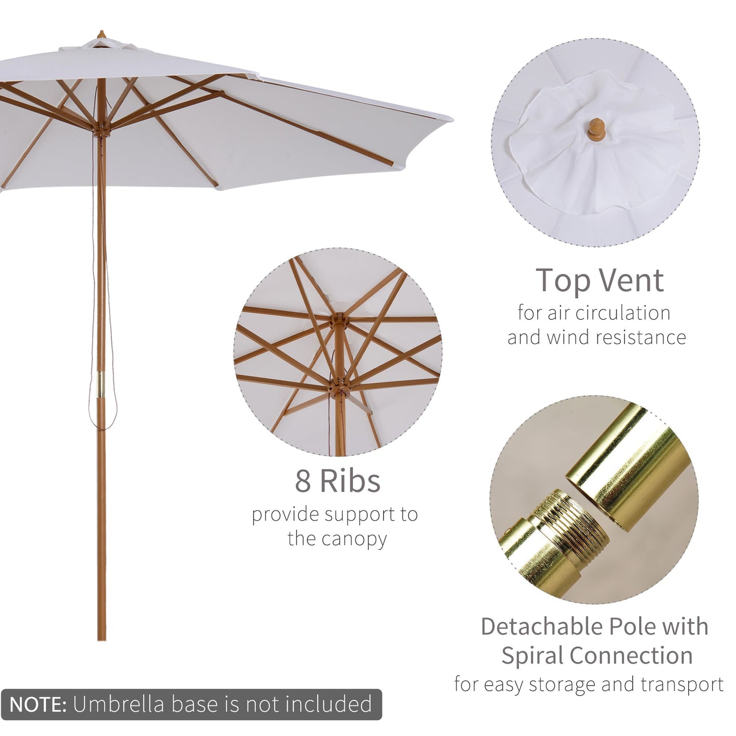 Outsunny 3(m) Fir Wooden Parasol Garden Umbrellas 8 Ribs Bamboo Sun Shade Patio Outdoor Umbrella Canopy, Cream White