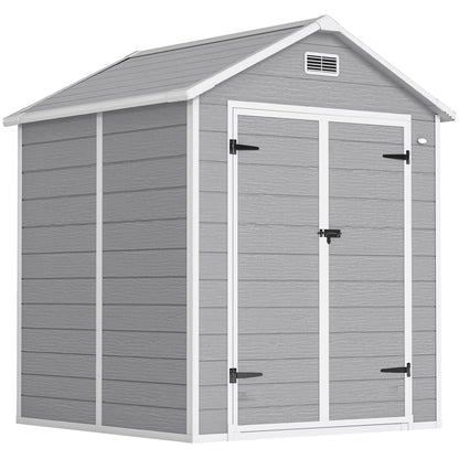 Outsunny 6 x 5ft Garden Shed, Plastic Shed with Floor, Window, Lockable Doors and Vents, Wood Effect Resin Tool Shed for Outdoor Patio, Dark Grey
