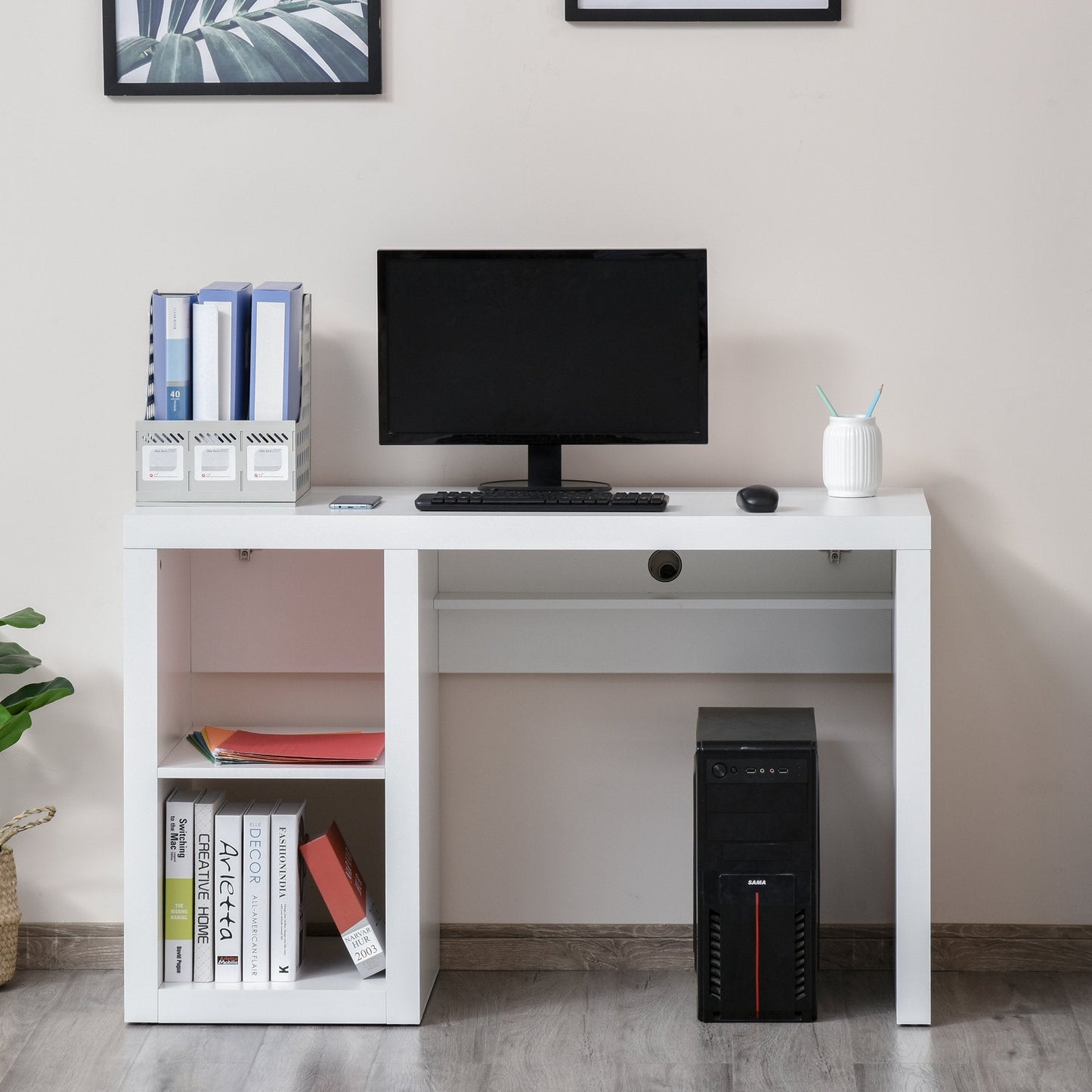 Rectangle Computer Desk Thick Board with Shelves Home Office Table, White