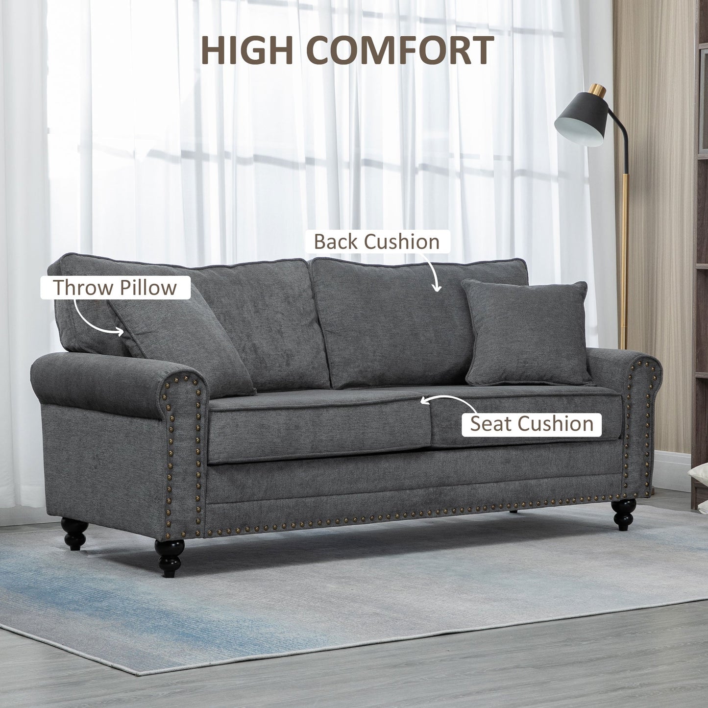 HOMCOM 3 Seater Sofas for Living Room, Fabric Sofa with Felt Mats, Cushions and Pillows, Grey