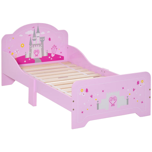 Łóżko dziecięce HOMCOM Princess Castle Theme z bocznymi listwami Meble domowe dla dzieci w wieku od 3 do 6 lat, różowe, 143 x 73 x 60 cm