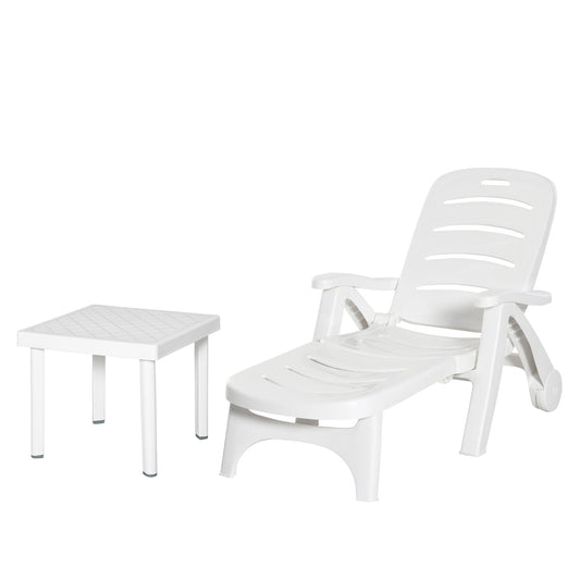 Outsunny 2 Piece Garden Furniture Set Outdoor Furniture Set Dining Table, 1 Lounge Chair and 1 Garden Side Table White