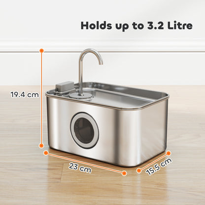 PawHut 3.2L Cat Water Fountain for Drinking, Cat Fountain Stainless Steel with Visible Water-Level Window, Ultra-Silent Pump
