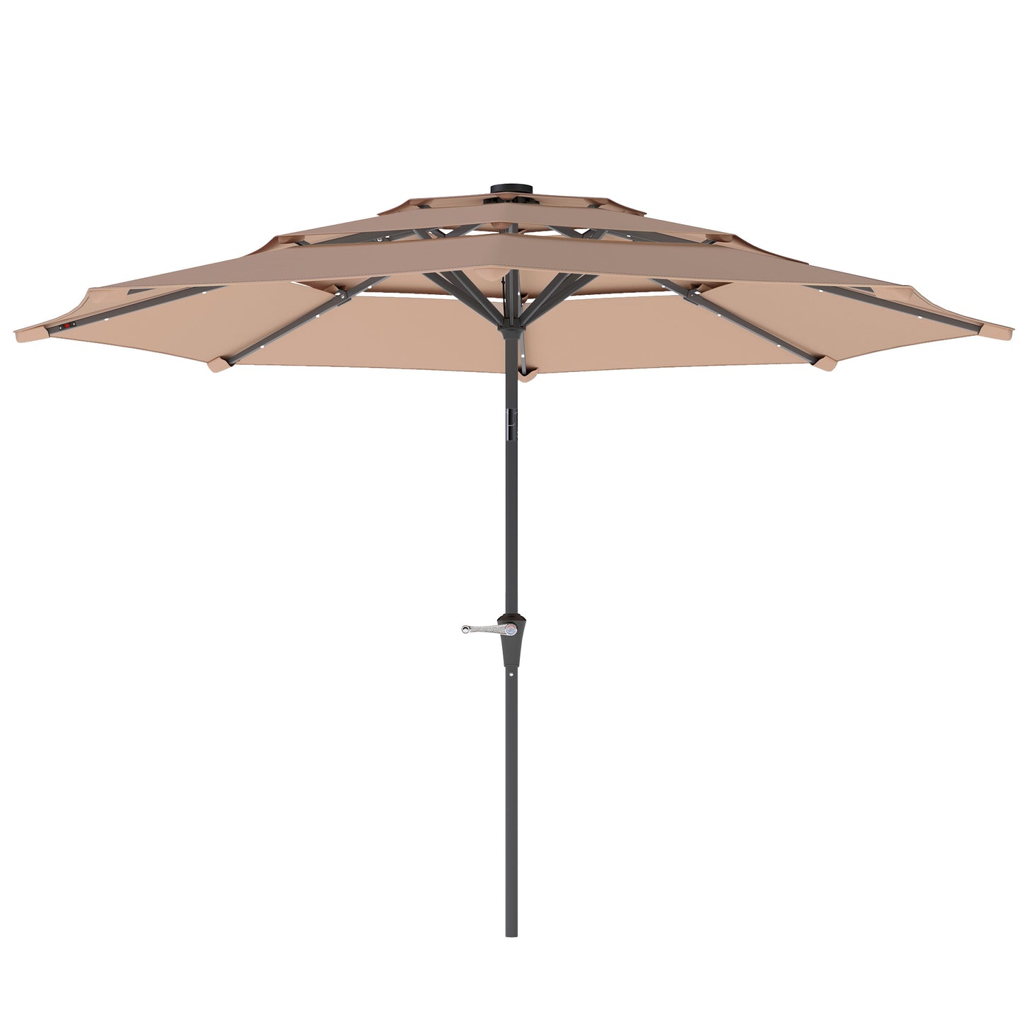 Parasol ogrodowy Outsunny 3-poziomowy z lampami solarnymi LED, UPF 30+, mechanizmem pochylania i korbą, do tarasu targowego, kolor khaki