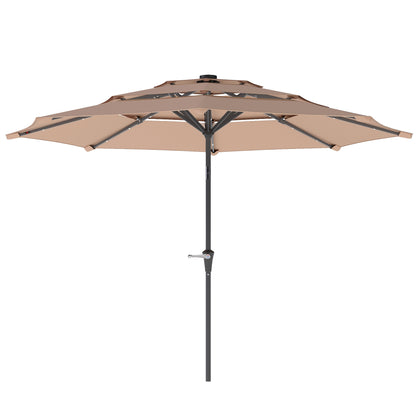 Parasol ogrodowy Outsunny 3-poziomowy z lampami solarnymi LED, UPF 30+, mechanizmem pochylania i korbą, do tarasu targowego, kolor khaki