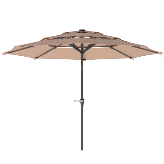 Parasol ogrodowy Outsunny 3-poziomowy z lampami solarnymi LED, UPF 30+, mechanizmem pochylania i korbą, do tarasu targowego, kolor khaki