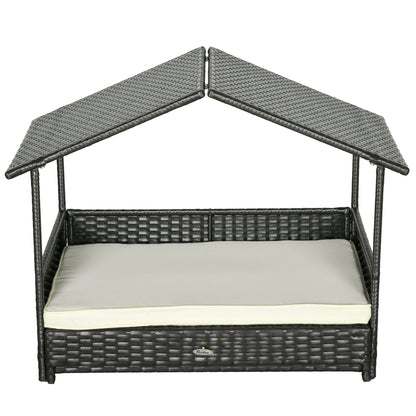 PawHut Extendable Elevated Dog Bed, Rattan Dog House, with Water-Resistant Roof, Removable Cushion, for Small, Medium Dogs