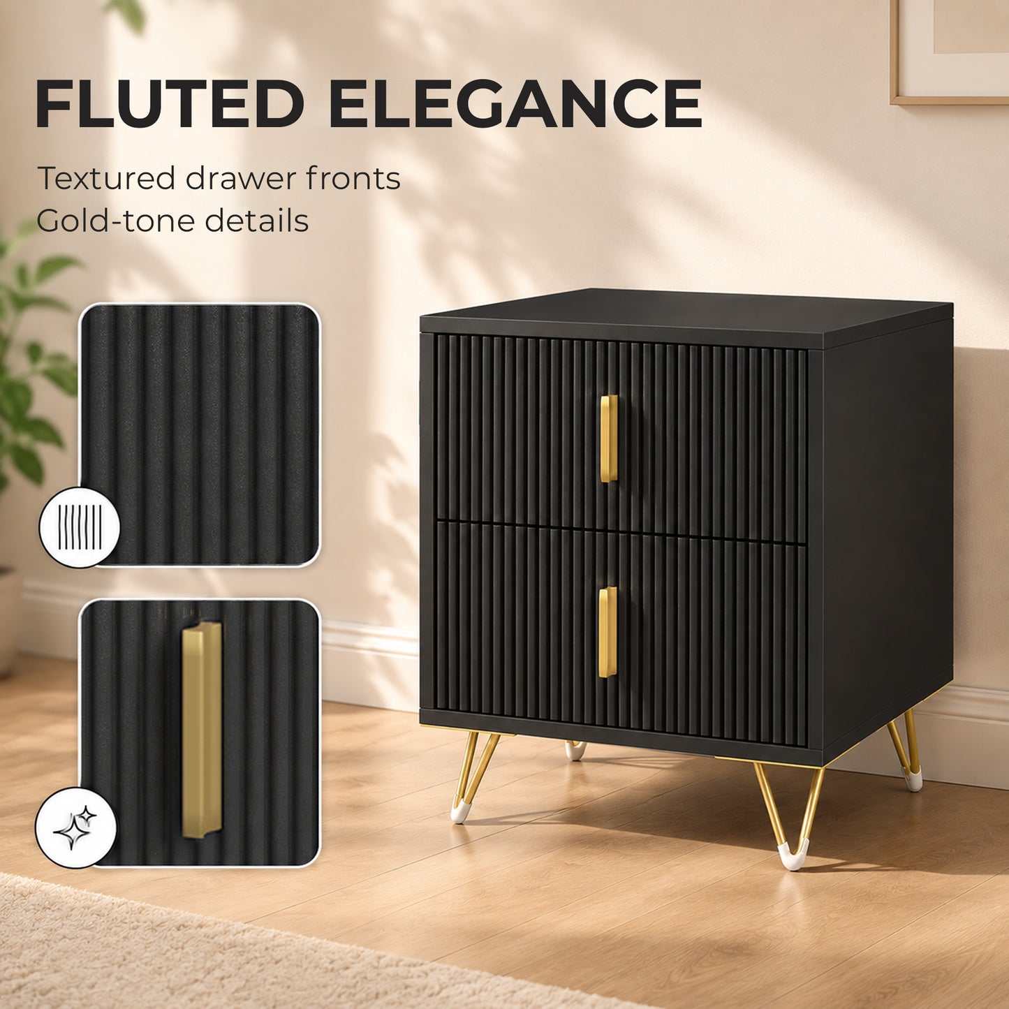 HOMCOM Elegant Fluted Bedside Table - Black/Gold-Tone