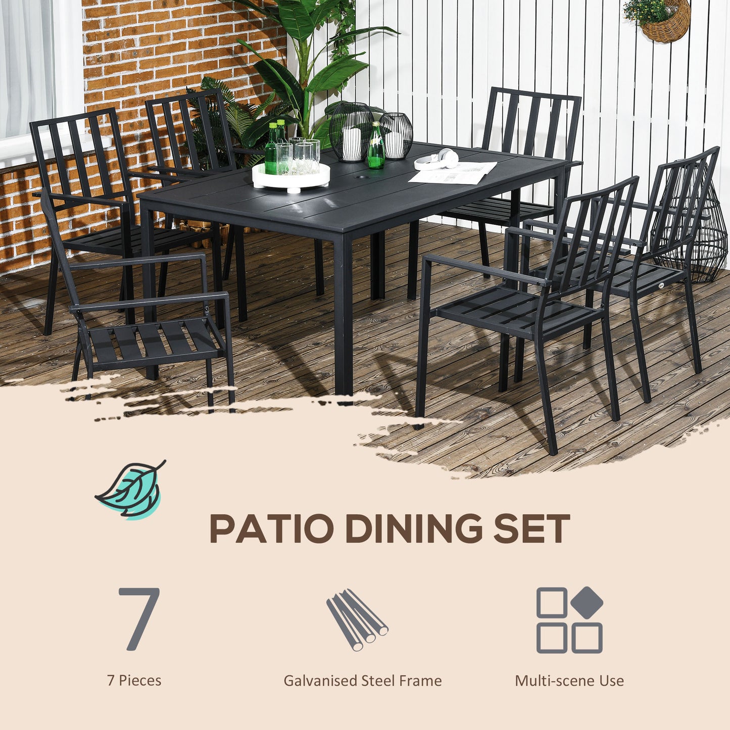 Outsunny Siedmioczęściowy minimalistyczny metalowy zestaw ogrodowy z otworem na parasol - czarny
