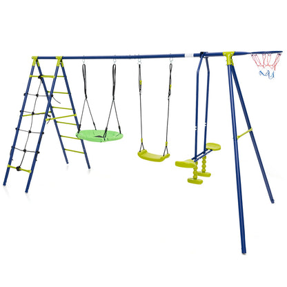 6-in-1 Metal Swing Set with 2 Height-Adjustable Swings for Kids 3-12 Years Old-Green