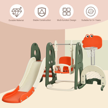 6 in 1 Toddler Slide and Swing Set with Adjustable Basketball Hoop for Indoor-Orange