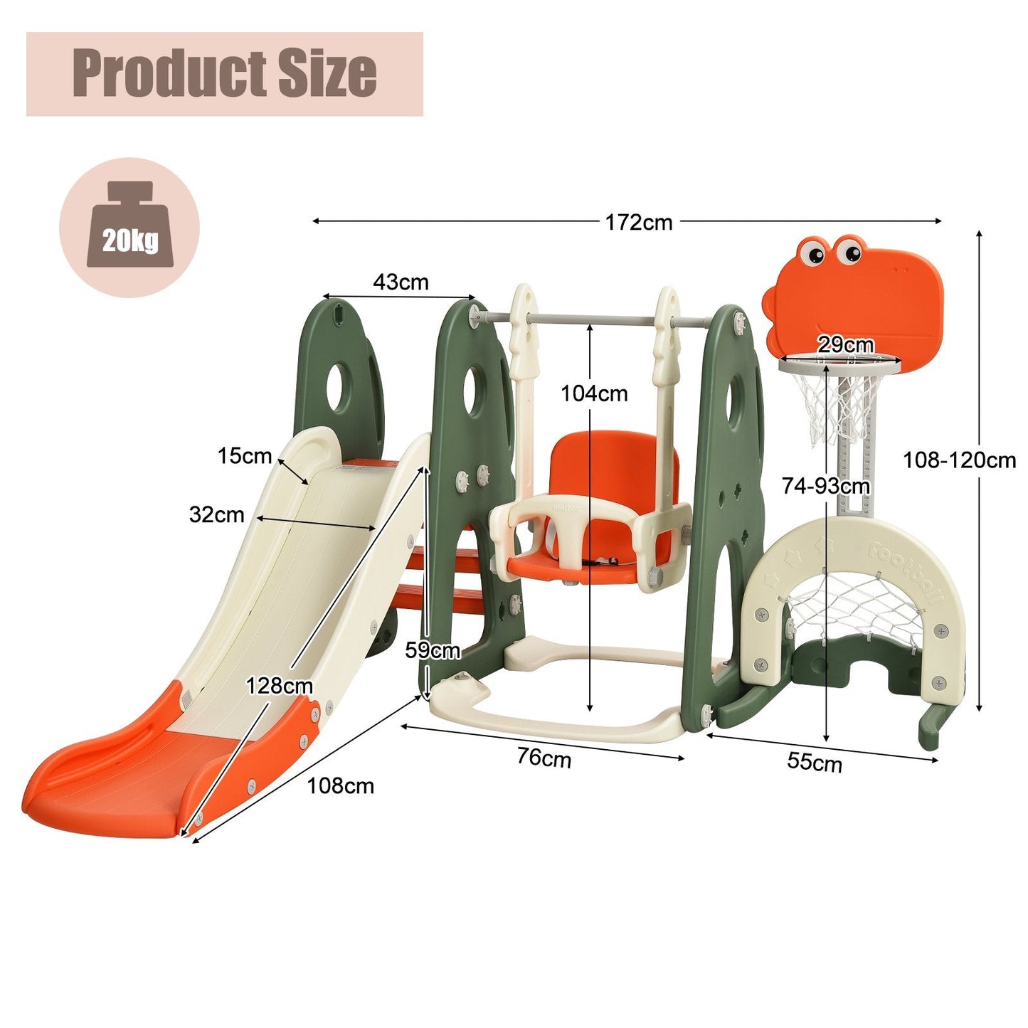 6 in 1 Toddler Slide and Swing Set with Adjustable Basketball Hoop for Indoor-Orange