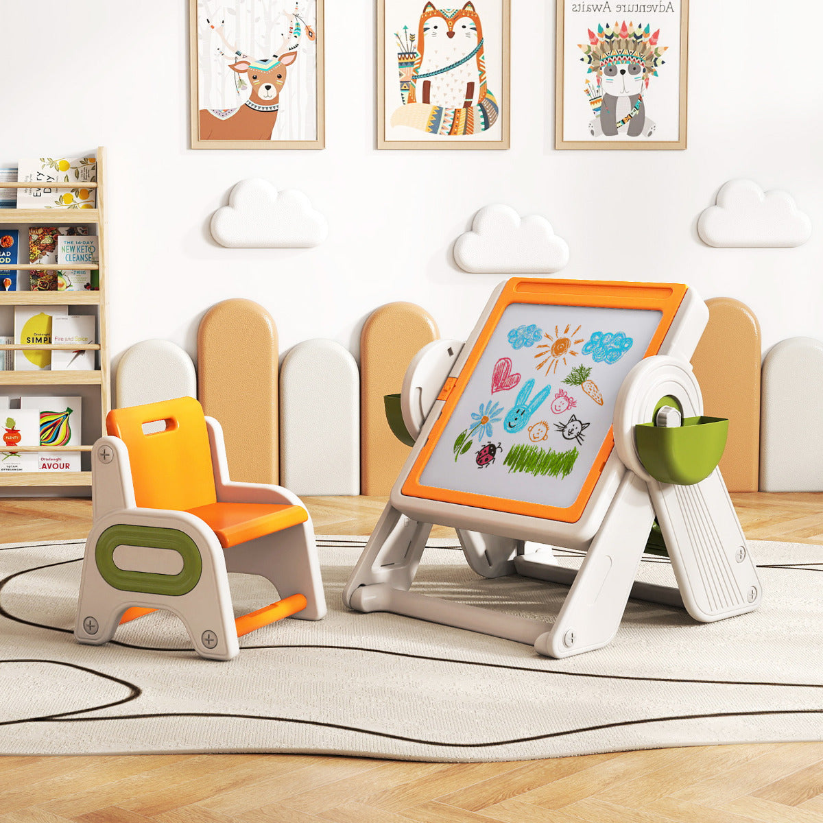 6-in-1 Multi-activity Children Table & Chair Folding Art Easel Set-Orange