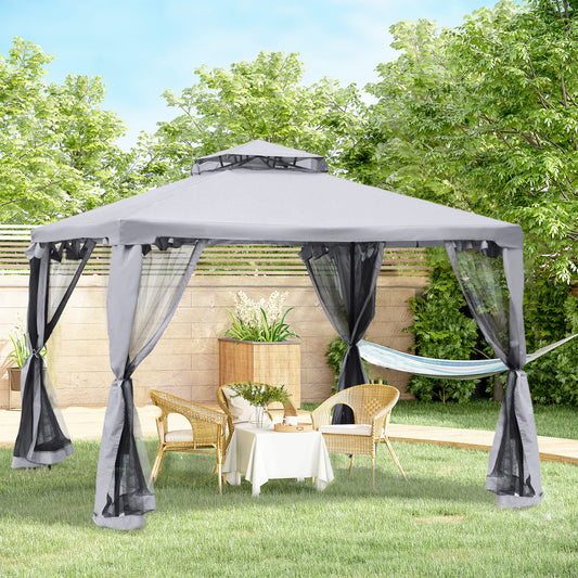 Outsunny 3 x 3 m Metal Gazebo, Garden Pavillion, Double√Ç Roof Outdoor Canopy Shelter with Mesh Sidewalls, Grey