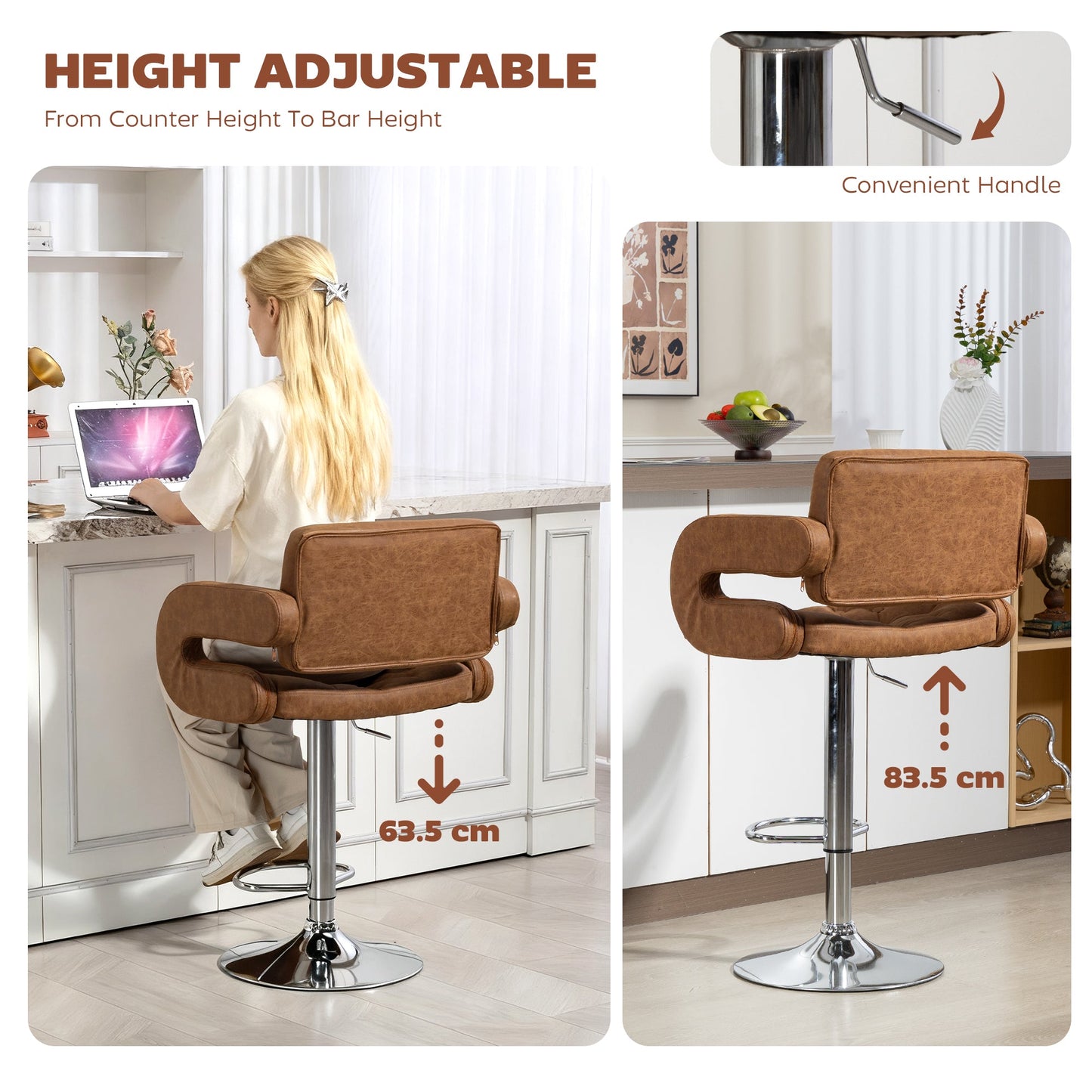 HOMCOM PU Leather Upholstered Swivel Bar Stool, Height Adjustable with Back, Armrest, Footrest, Brown