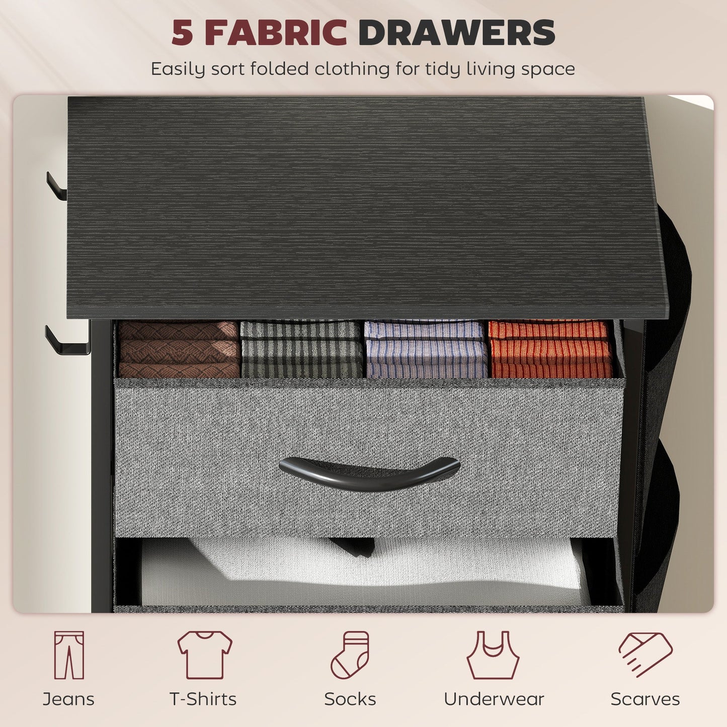 HOMCOM Chest of Five Fabric Drawers - Charcoal Grey