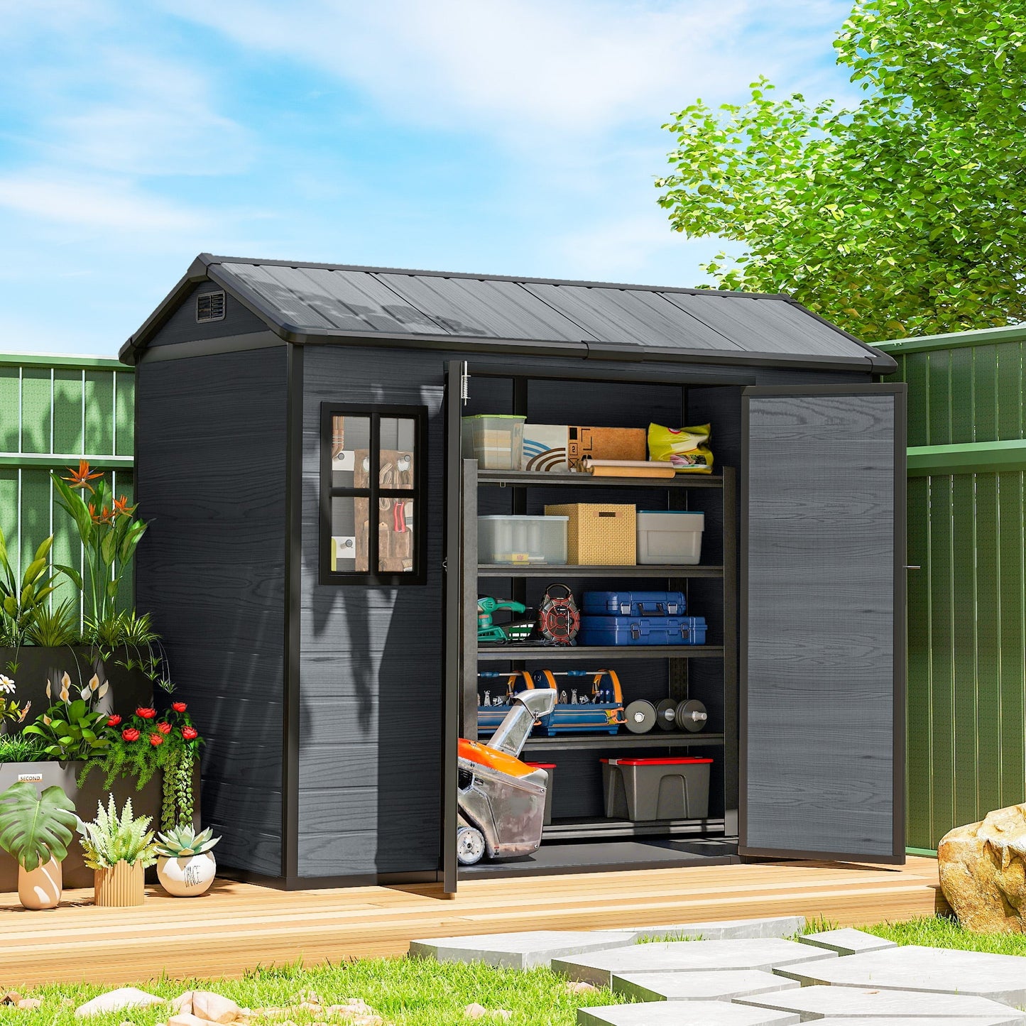 Outsunny 8 x 4 ft Resin Garden Shed, Wood-Effect Outdoor Storage Shed with Floor, Windows, Lockable Doors and Vents, Dark Grey