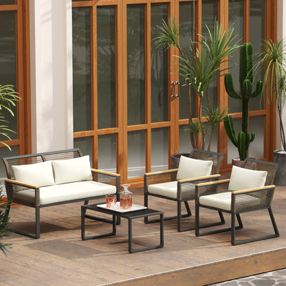 Outsunny Four Piece Wicker Rope Garden Furniture Set with Glass Top Coffee Table - Grey
