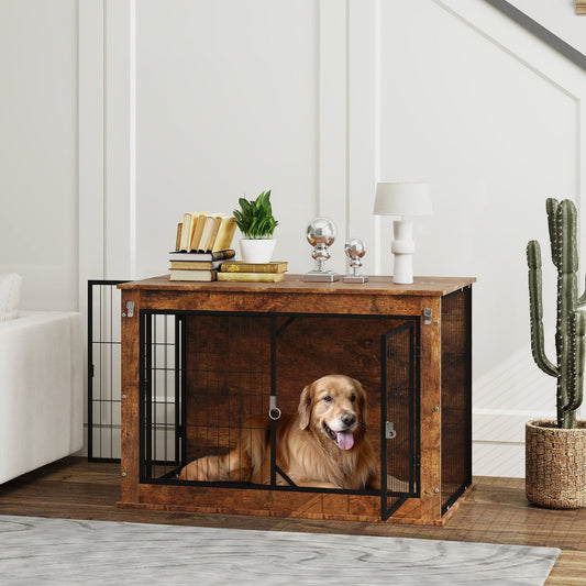 PawHut Dog Crate Furniture z podnoszonym dachem, 2 drzwi, dla dużych psów, 98 x 60 x 65,5 cm, rustykalny brąz