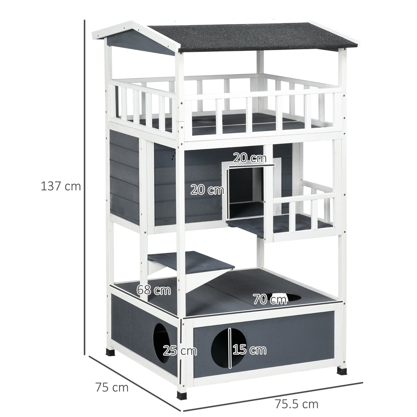 PawHut Wooden Outdoor Cat House 3-Tier for Winter Kitten Shelter Lodge w/ Tilted Roof Terrace Jump Step Bottom Tray Elevated Base Waterproof Paint Grey