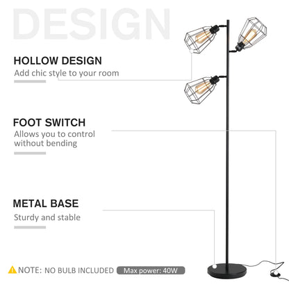 Retro Practical Tree Floor Lamp 3 Angle Adjustable Lampshade Steel Base for Living Room Bedroom Office Black 165cm