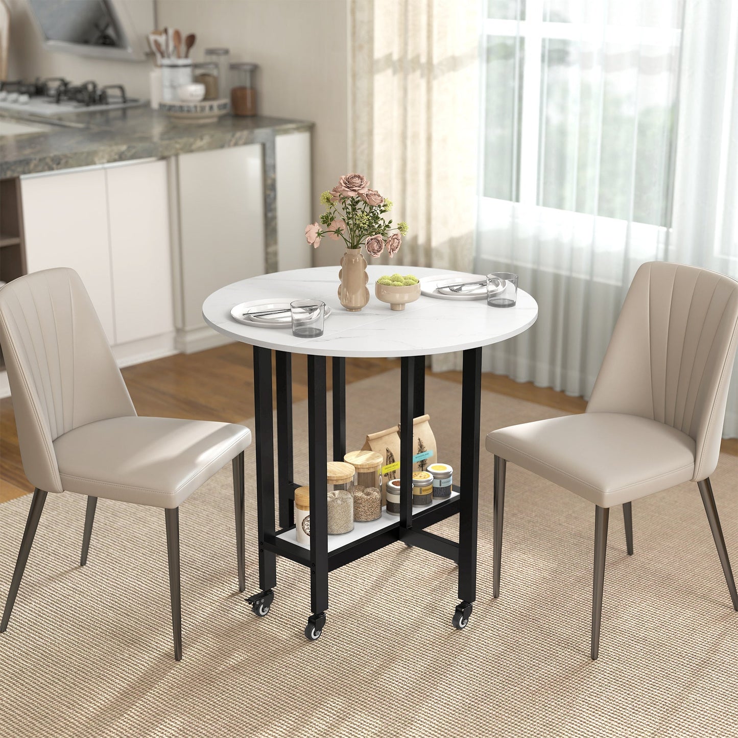 HOMCOM Folding Dining Table, Drop Leaf Table with Open Shelf, Rolling Kitchen Table for Dining Room, Small Spaces, White Marble