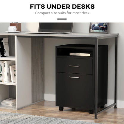 HOMCOM 60cm Filing Cabinet with Drawer, Open Shelf, Metal Handles and 4 Wheels, Office Home Organiser Mobile Printer, Black