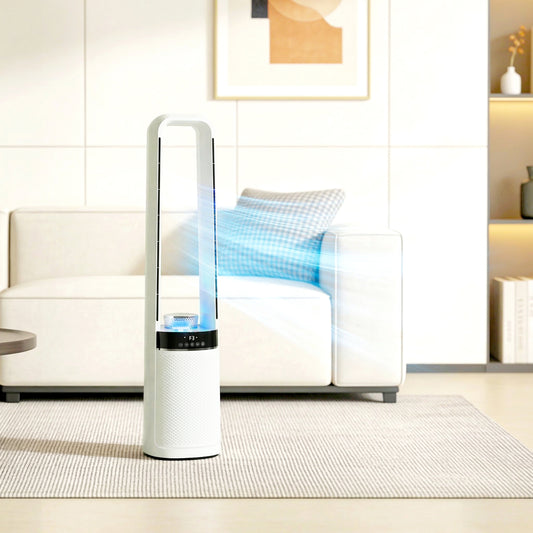 HOMCOM Bladeless Tower Fan, 36dB Standing Cooling Fan with 45° Oscillating, LED Lights, 3 Speeds, 12H Timer, Remote Control