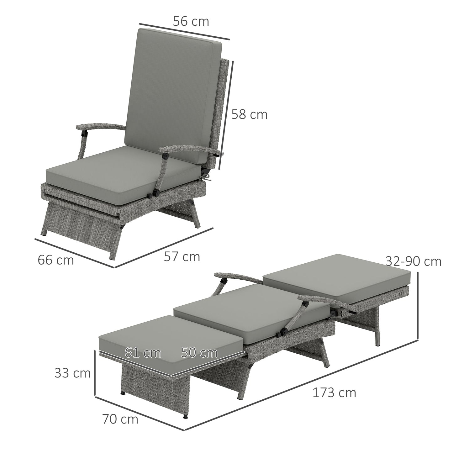 Outsunny 80 Reclining Rattan Lounger - Grey