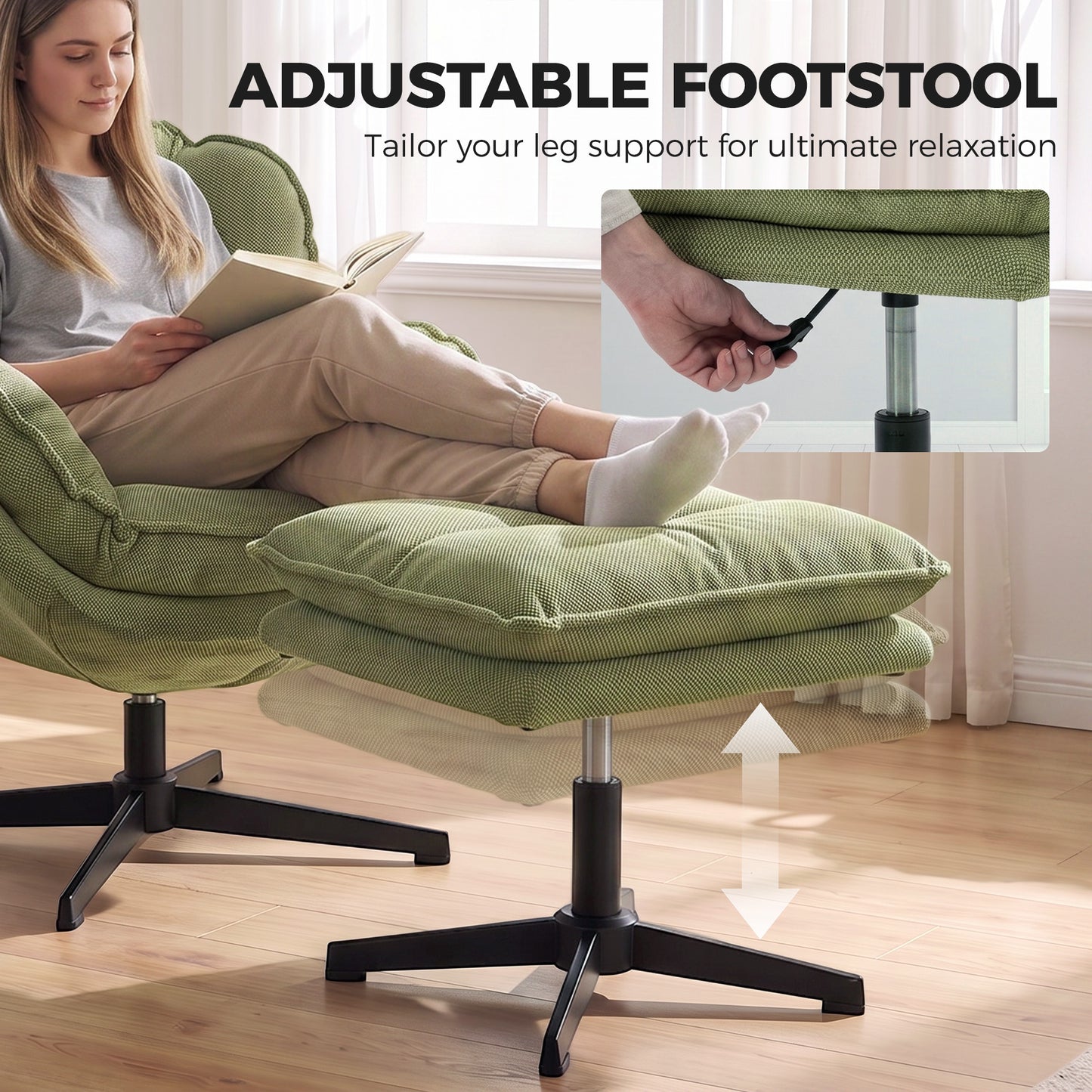 HOMCOM Armchair with Adjustable Footstool, 360-Degree Swivel Chenille Cloud Accent Chair with Thick Cushion, Steel Base, Green