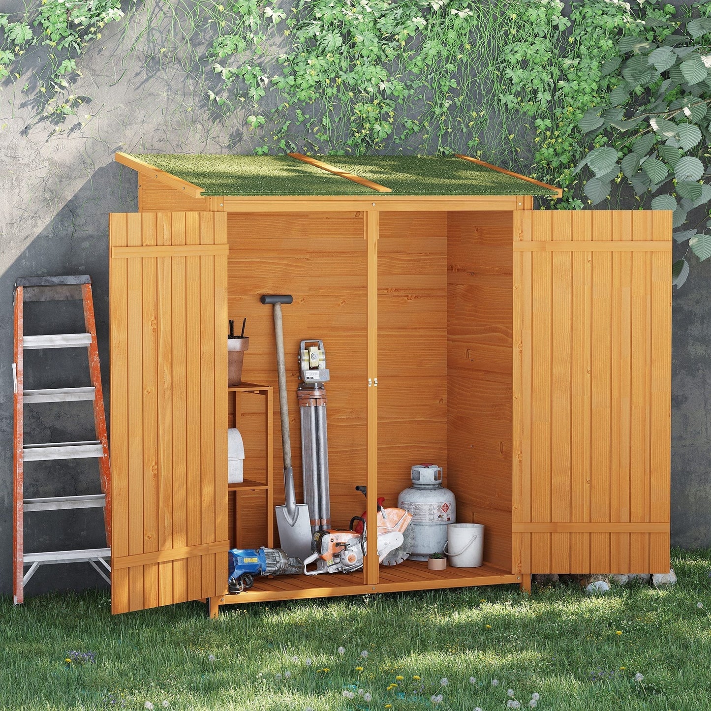 Outsunny Garden Shed Wooden Timber Garden Storage Shed - Double Door - 160cm x 139cm x 75cm