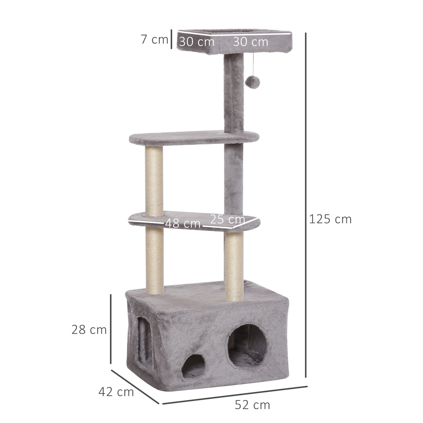 PawHut Cat Tree Kitten Tower مركز أنشطة من 4 مستويات أثاث للحيوانات الأليفة مع عمود خدش من السيزال، مجثمات قطيفة معلقة، ألعاب كروية باللون الرمادي